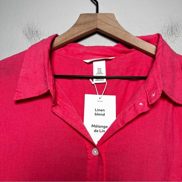 NEW H&M Women Linen Top XL Hot Pink Summer Coastal Lagenlook Button‎ Up Resort - Picture 2 of 10